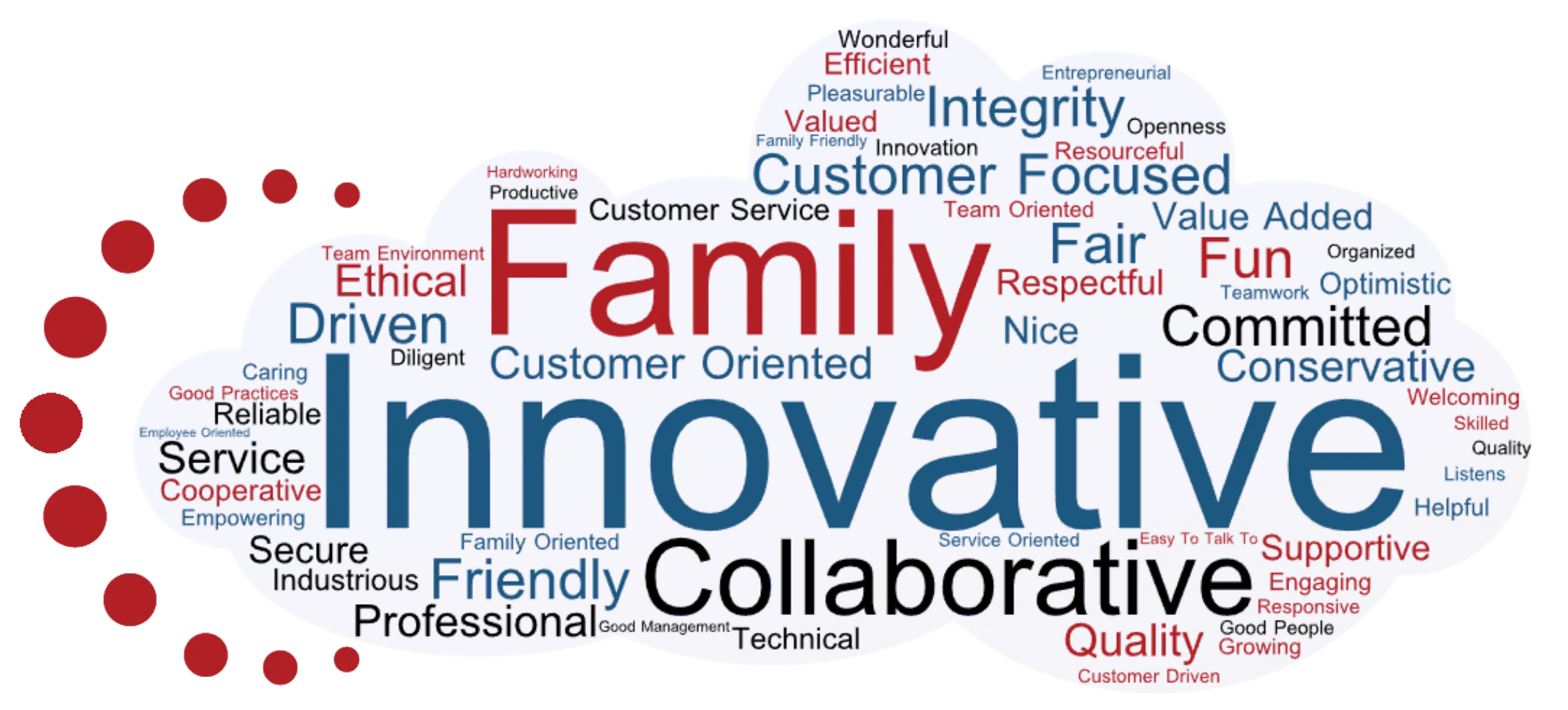 This image shown is a word cloud of many words describing NIS as Family, Innovative, Collaborative, as well as many others